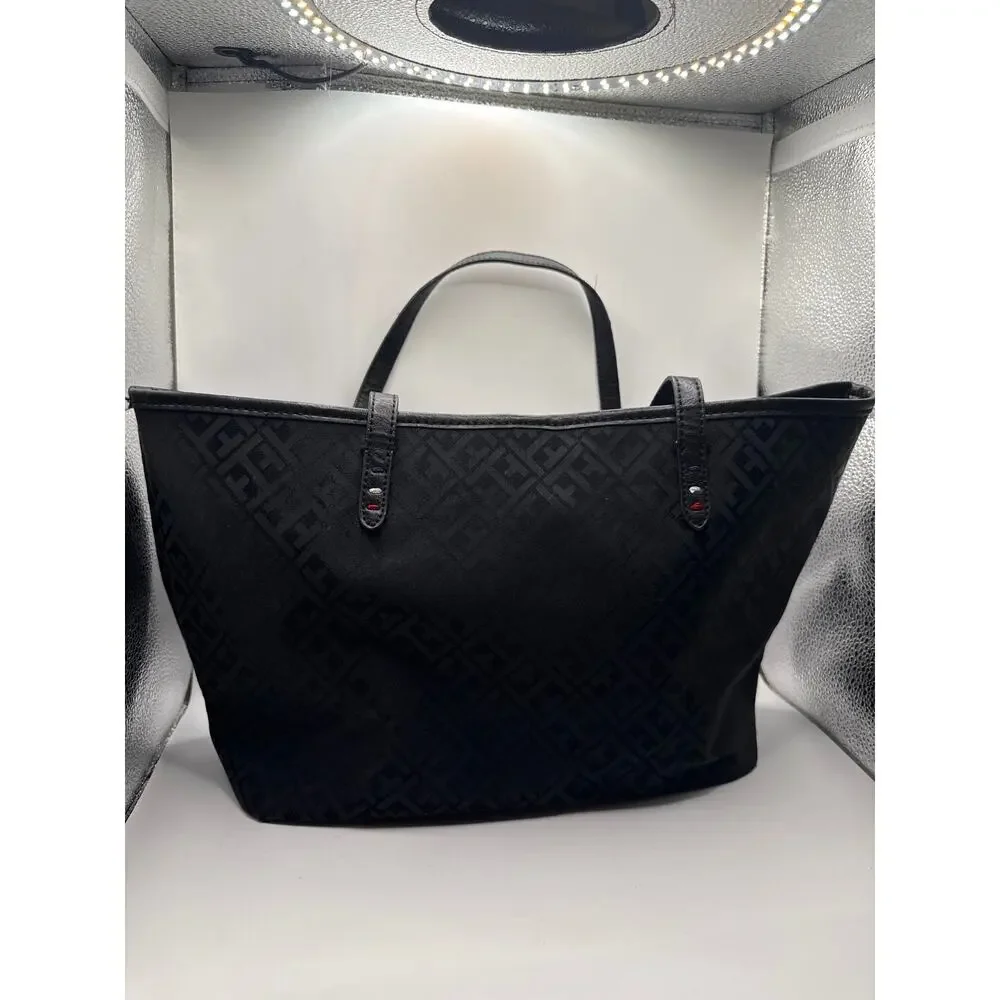 Tommy Hilfiger Black Monogram Jacquard Tote Bag with Gold Medallion Charm